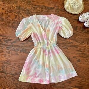 S/W/F Dress Tie-Dye Print Puff Sleeve Button Front Multicolor Mini Dress Size S
